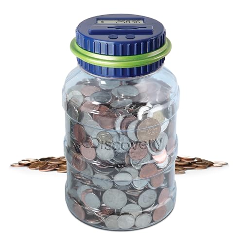 DISCOVERY KIDS Digital Coin-Counting Money Jar with LCD Screen, Keeps Track of Deposits, Battery Operated, Automatic Piggy Bank Savings for US Coins, Childrens Financial Educational Learning Tool Gift