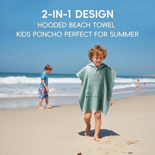 Image of Hooded Kids Beach Towel - Soft Poncho Towel for Babies and Toddler - Lightweight Waffle Cotton Towel Cover Up for Beach and Pool and Bath