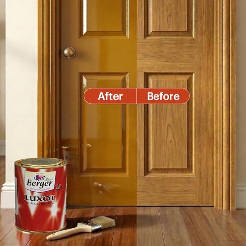 Image of BERGER Luxol Hi-Gloss Enamel Paint | Oil-Based | Mirror Like Durable Weather Resistant High Gloss Finish | for Interior & Exterior Wall Wood Metal Surfaces | Green Pro Certified (1L,Golden Brown)