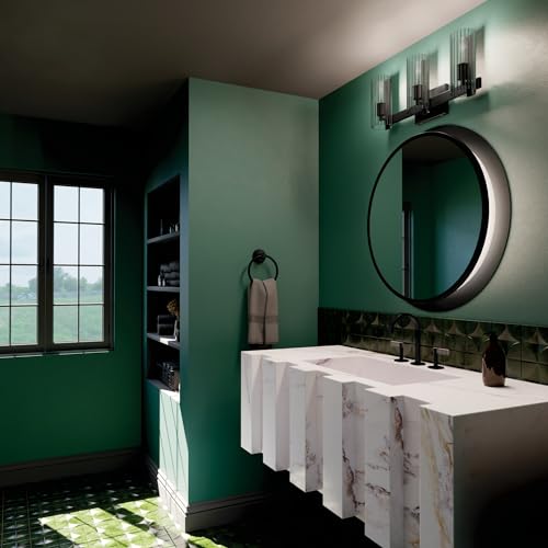 Image of Kichler Jemsa 3-Light Bathroom Vanity Light Fixture, Modern Wall Mount Light with Clear Fluted Glass in Black for Bathroom or Powder Room (9.75 inch x 22.75 inch), 55168BK