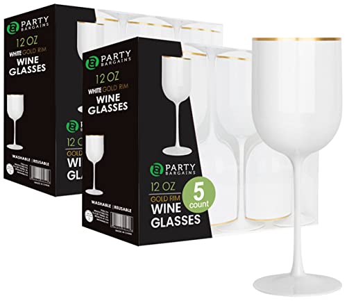 Party Bargains 10 Wine Goblets - White Gold Rim (12Oz) - Disposable Shatterproof Elegant Design Plastic Wine Glasses With Stem - For Pool Parties, Outdoors Receptions, Weddings #TOP21