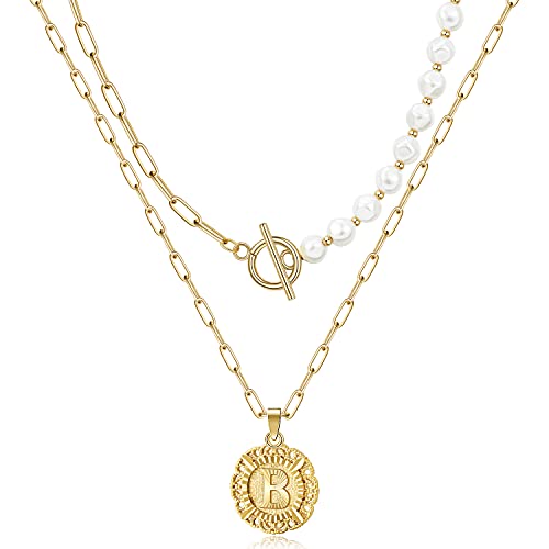 EASYSO Gold Layered Initial Pearl Necklace for Women, 14K Gold Plated Initial Choker Dainty Paperclip Chain Toggle Clasp Round Letter Pendant Necklace Half Pearl Half Gold Chain Necklaces for Women Jewelry Gifts