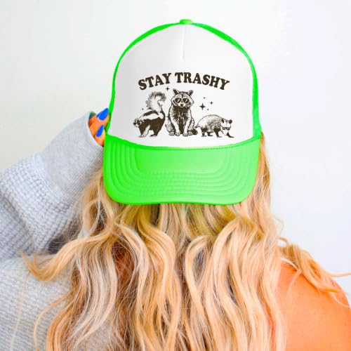 Image of Stay Trashy Funny Raccoon Graphic Classic 5 Panel Mesh Snap Back Trucker Hat
