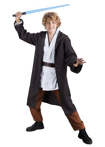 FOVER Disfraz de Jedi para niños con azul Lightsaber Obi Wan Kenobi, túnica con capucha, capa con capucha, sudaderas medievales, túnica Jedi, Halloween, carnaval, cosplay para niño FR025XL