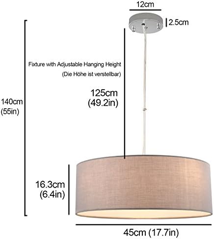 Pendant Light, SPAKRSOR Ceiling Hanging Lamp, Modern Fabric Light Shade, Large Grey Drum Lampshade, Round, for Bedroom Dining Room Living Room, 3 Bulb, E27