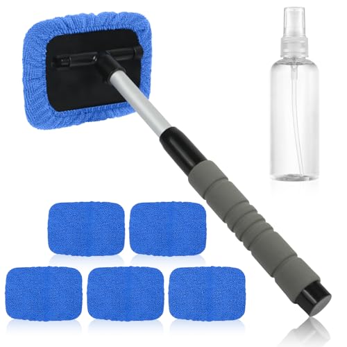 AMFUN 6 Pcs Car Windscreen Cleaner, Car Window Cleaner Kit with 5 Reusable Microfiber Pads, 1 Spray Bottles,Extendable Long Handle, Windshield Cleaning Tool, Auto Glass Wiper Office Home(Square)