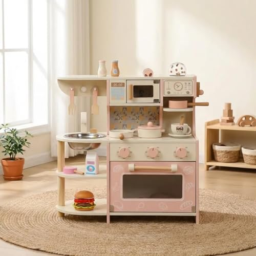 Cuisine en Bois Enfant Rose avec Machine à café, Four, Micro-Ondes et évier, Jouet Bois Cuisine...
