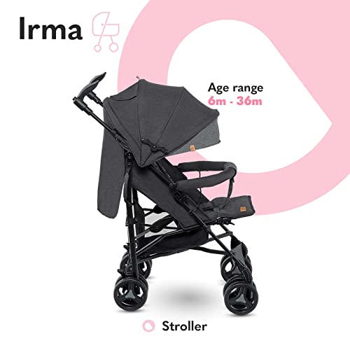 LIONELO Irma Kinderwagen bis 15 kg, Kinderwagen, leichter moderner Kinderwagen mit Liegefunktion, faltbar, große 6-Zoll-Räder, großer Korb, Tasche, Moskitonetz Schwarz