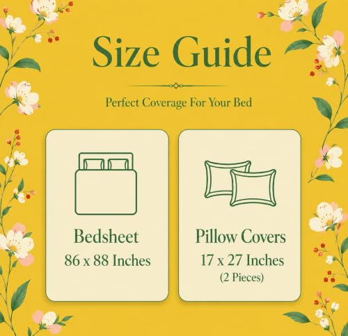 Image of BSB HOME 210 TC Cotton Feel Double Bedsheet with 2 Pillow Covers, Soft & Breathable Floral Printed Bed Sheet, Easy Care Bedding for Bedroom - 86 x 88 Inches (218 x 224 cm) (Mustard Yellow)