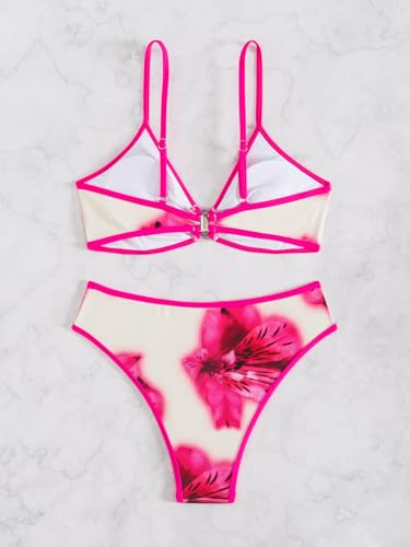 Image of Fanuerg Women's Triangle Bikini Sets O Ring Linked Two Piece Swimsuits Floral Printed Cheeky Bathing Suit
