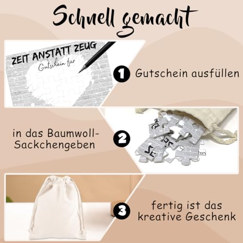 24-teilig Gutschein Puzzle mit Baumwoll-Säckchen, Zeit anstatt Zeug, Gutschein zum selber ausfüllen - Geburtstagskarte, personalisierte Geschenke für Freundin Frauen Männer, Geburtstagsgeschenk