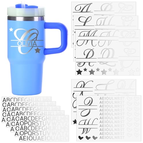 Affrolling 10 Sheets Personalized 14 20 24oz Tumbler UV Monogram Stickers Cup Wraps Letter Stickers Vinyl Name Decals Monogram Mugs Waterproof Decals for Tumblers Laptops(Silver)