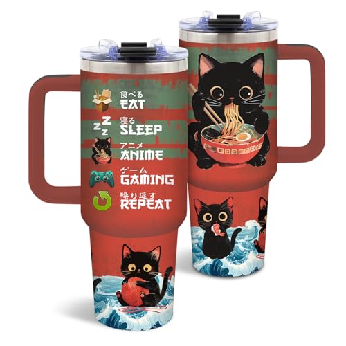 DUUV Cat Tumbler 40 Oz, Anime & Gaming Design, Stainless Steel Insulated Mug with Ramen and Gaming Controller, Thanksgiving Christmas Gift for Cat Lovers, Anime Fans, and Gamers, 1PCS