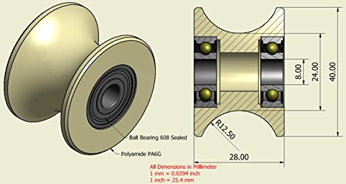 4 Stück x 40 mm mit Nylon mit sheaves Rollen mit 25 mm, gerillt, hergestellt in der EU, 8 mm Bearings, 4