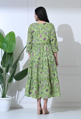 Image of Amazon Brand - Tavasya Women Botanical Floral Printed Maternity Midi Dress | Round Neck | 3 /4 Ruffle Sleeves | Concealed Feeding Zip | Gathered Tiered Nursing Dress