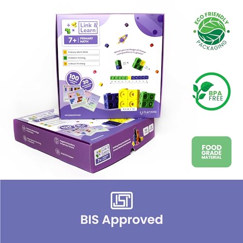 PlayVerse Link & Learn Primary Math Number Blocks for Kids,100 Multicolour Counting Cubes, 30 Math Activities, 7+ Years, Math Learning Toy, Develops Critical Thinking & Problem Solving Skills