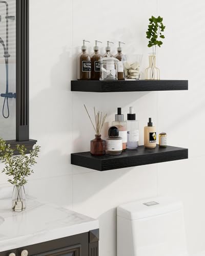 Marsmiles 30" Floating Shelves for Wall, Wooden Shelves with Invisible Brackets Set of 2, Rustic Farmhouse Wall Mounted Shelf for Kitchen Bathroom Living Room Study, Black - Image 2