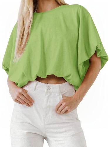 Womens Summer Crewneck Crop Tops Short Sleeve Casual Loose Cropped T Shirts Green