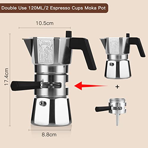 Bincoo 120ML/2 Cup Stovetop Espresso Maker Double Valve Moka Pot with Thermostat Extractor,Italian Espresso Moka Pot with Powder Dispenser and Filter Paper for Home,Silver