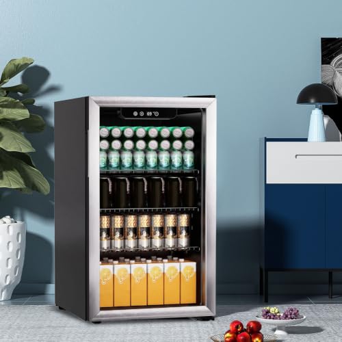 Image of DOGHLY 3.0 Cu.ft Beverage Refrigerator Cooler, 105 Can Mini Fridge with Glass Door, Digital Temperature Display for Soda, Beer or Wine For Office Bar with Adjustable Removable Shelves