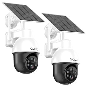 AOSU 3K/5MP Solar Security Cameras System Wireless Outdoor, Battery Powered WiFi Camera for Home Security, Panoramic PTZ, Auto Tracking, Human/Vehicle Detection, Color Night Vision (2 Pack)