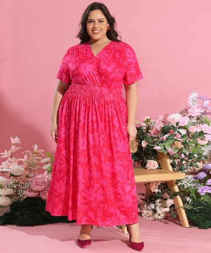 Image of CARCOS Plus Size Maxi Dress for Curvy Women, Hot Pink Floral, V-Neck, Short Sleeve, High Waist, Smocked Waist, A-Line, Casual, All Occasions, Adult Women, Plus Size, Women, US 14 /16, X-Large
