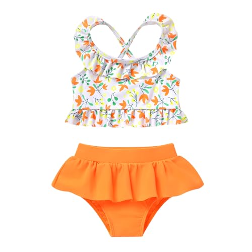 YOUNGER TREE Toddler Baby Girl Two Pieces Swimsuit Summer Stripe Bathing Suit Beach Swimwear Bikini Set(Orange Floral,2-3T)