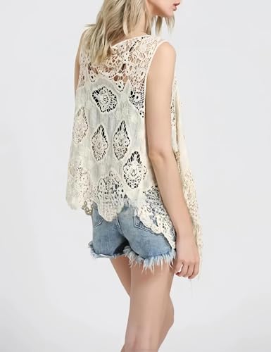 Image of Women's Floral Crochet Vest Hollow Out Open Front Vintage Boho Lace Button Sleeveless Crochet Cardigan