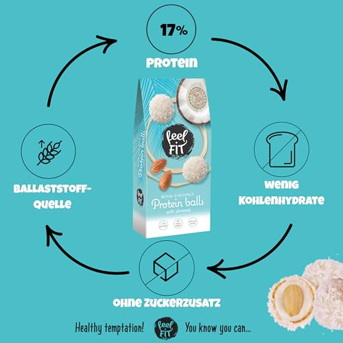 feel FIT Zuckerfreie Kokos-Pralinen mit Mandeln, ohne Zuckerzusatz, 17% Eiweiß, 63 g