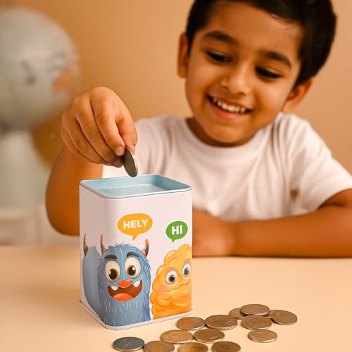 Image of Market99 Square Money Bank | Multi-Color Tin Coin Bank with Glossy Finish & Animal Face Print | Cute & Durable Piggy Bank for Kids & Adults | Ideal for Coin Saving at Home, Desk & Gifting Use