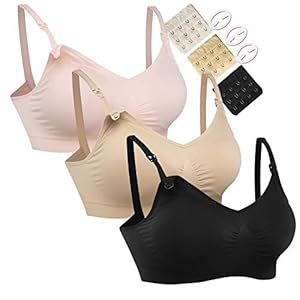 HOFISH-3PACK-Full-Bust-Seamless-Nursing-Maternity-Bras-Bralette-S-XXL-with-Extra-Bra-Extenders-Clips HOFISH Women's Full Cup Lightly Padded Wirefree Maternity Breastfeeding Nursing Bra, 3PCS/Pack(Pink-Black-Beige), L
