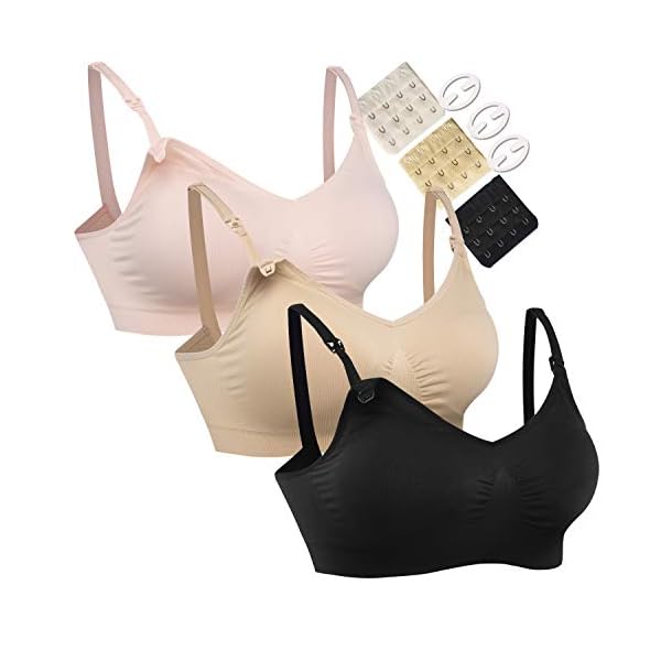 HOFISH-3PACK-Full-Bust-Seamless-Nursing-Maternity-Bras-Bralette-S-XXL-with-Extra-Bra-Extenders-Clips HOFISH Women's Full Cup Lightly Padded Wirefree Maternity Breastfeeding Nursing Bra, 3PCS/Pack(Pink-Black-Beige), L