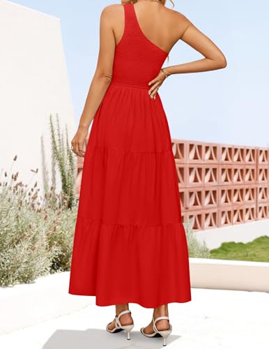 Image of ZESICA Women's 2026 Bohemian Summer Floral Print One Shoulder Sleeveless Smocked Ruffle Tiered Beach Long Midi Dress