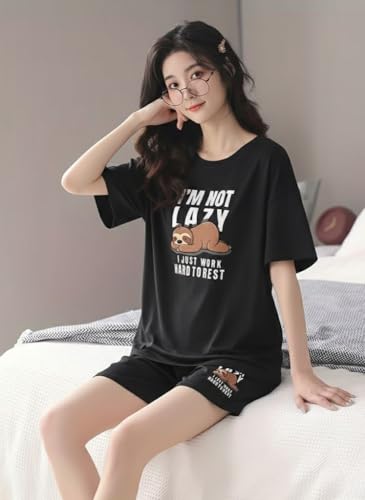 Image of Women Korean Cotton Blend Night Suit | Printed Shorts Sleepwear Set | Short Night Dress Set for Women | Soft Printed T-Shirt & Shorts Pajama Set | Comfortable Summer Nightwear for Ladies & Girls