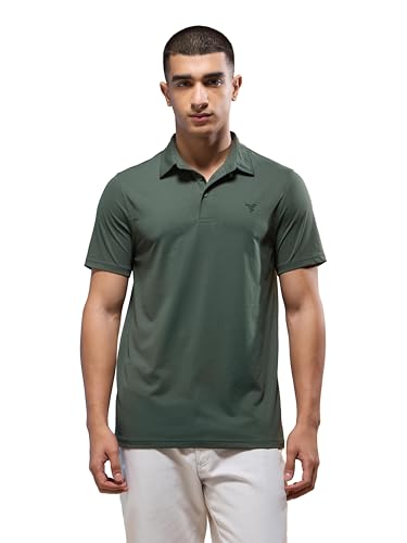 Image of TECHNOSPORT Men's Solid Slim Fit Polo Collar T-Shirt COTFLEX Half Sleeve Button Polyester for Gym Running Workout UPF50+ Anti Odour