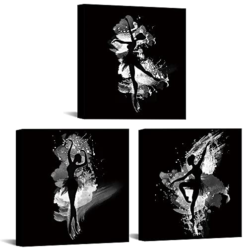 Vanseeing 3 Piece Ballet Dancers Wall Art Canvas Print Black And White Dancing Girl Silhouette Painting Pictures For Girl Women Bedroom Decor Framed Gallery Wrapped 12X12Inchx3Pcs #TOP12