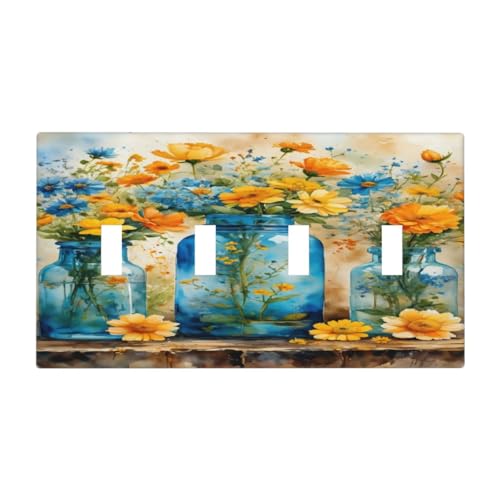 Decorative Switch Covers Plate Rustic Yellow Flowers Floral Blue Bottles 4 Gang Wall Plate Oversized Quad Toggle Light Switch Plate Jumbo Faceplate for Country Bedroom Home Decor