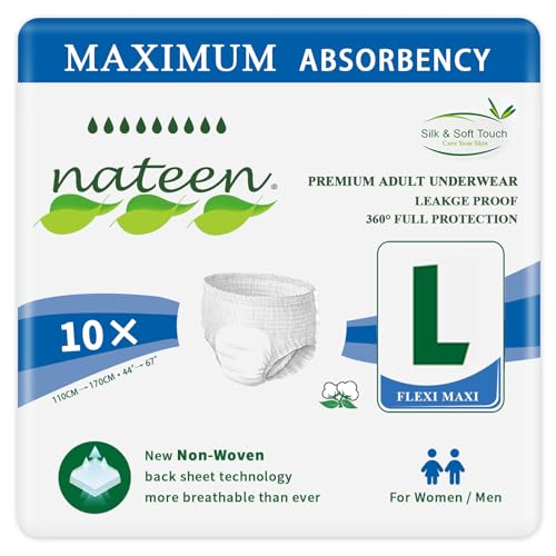 Nateen Flexi Maxi Adult Incontinence Underwear, Unisex Pull-ups Maximum Absorbency Underwear, Overnight Leak Protection. (Large, 10 Count)