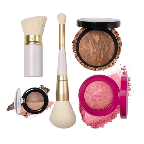 LAURA GELLER Daily Routine Kit | Deep | Limited Edition Makeup Set | Includes Baked Foundation for Mature Skin, Exclusive Blush, Eyeshadow, Retractable Kabuki Brush