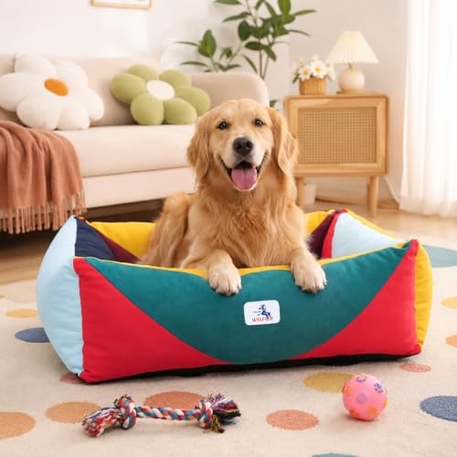 Image of Canvas Dog Bed, Cotton Dog Beds Large Sized Dog, Orthopedic Bed with Washable Removable Cover, Durable 290 GSM Cotton Anti-chewing Pet Bed with Anti-Slip Bottom (38 inchx30 inchx12 inch, Red&Yellow&Green)