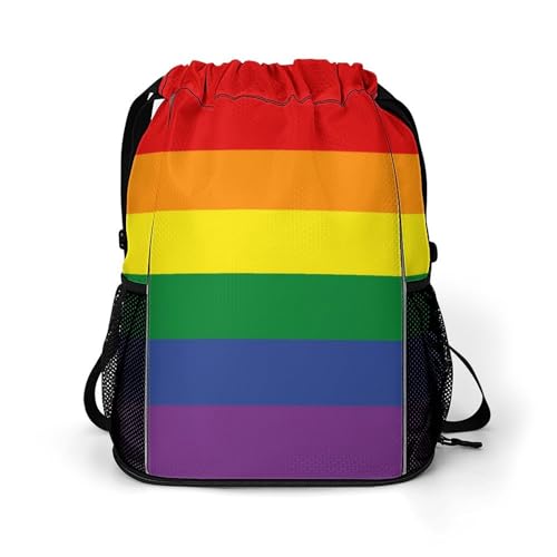 Drawstring Backpack with Mesh Pocket, Water Resistant String Bags LGBT Rainbow Gay Pride Flag for Adults Swimming, Camping, Shopping and Running Use