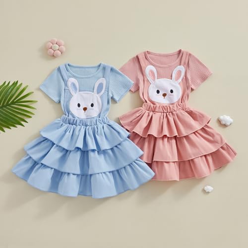 Image of Toddler Baby Girl Summer Clothes Kids Short Sleeve Solid T-Shirt Ruffle Daisy Skirts Overalls Dress Outfit 18M-6T