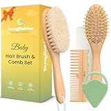 Baby Hair Brush & Comb Set for Newborns - Gentle Goat-Hair & Bamboo Bristle Hairbrushes with Easy Grip Wooden Handles - 5-Pack Baby Brush Set with a Cotton Travel Pouch - Gifts for Boys & Girls