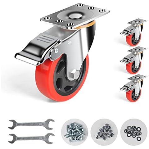 DBREAKS 4Pcs Schwerlastrollen, 100mm Transportrollen mit Bremse, Industrierollen&Möbelrollen, Platte Lenkrollen, 360 Grad Drehbar Palettenrollen, 700Kg Gesamtkapazität (Rot) Cover