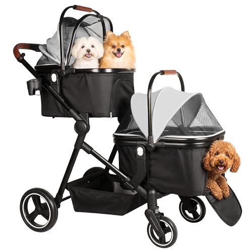 Image of Foldable Double Pet Stroller for 2 Small Medium Cats Dogs | Convertible single /double | Detachable carriers | All-terrain wheels & shock | Safety brakes & tether | Breathable oxford