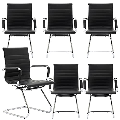 Image of Conference Room Chairs Set of 6, Waiting Room Chairs with Arms, Faux Leather Reception Chairs No Wheels, Office Guest Chairs with Mid Back Support and Chrome Sled Base, Black