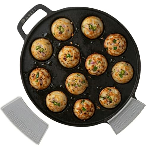 Image of Aditi Naturally Oil-Seasoned Appam Pan 12 Pit for Unniyappam /Paddu /Paniyarkal /Paniyaram(10 inch /25 cm), Protective Silicone Handle Covers
