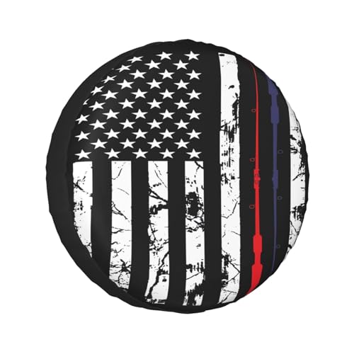 Image of Fishing American Flag Fishing Pole Spare Tire Cover Weatherproof Wheel Protectors Dust-Proof Sun Protection Wheel Tire Covers Universal Fit for Truck SUV RV Camper Trailer 14 inch