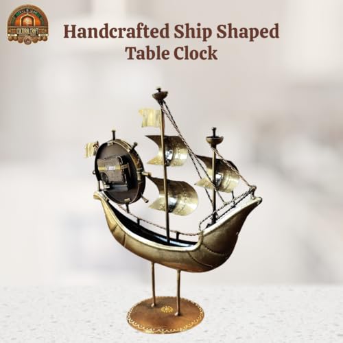 Image of Mitti Mahal Decorative Boat Table Clock ? Handcrafted Iron Vintage Nautical Style Desk Clock for Home & Office Decor | Maritime Boat Shape Decorative Timepiece for Living Room, Study Table