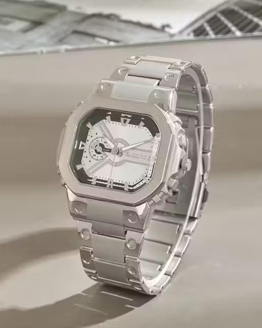 Image of Square Case Analog Watch, Silver Metal Bracelet, Skeleton Dial, Stainless Steel